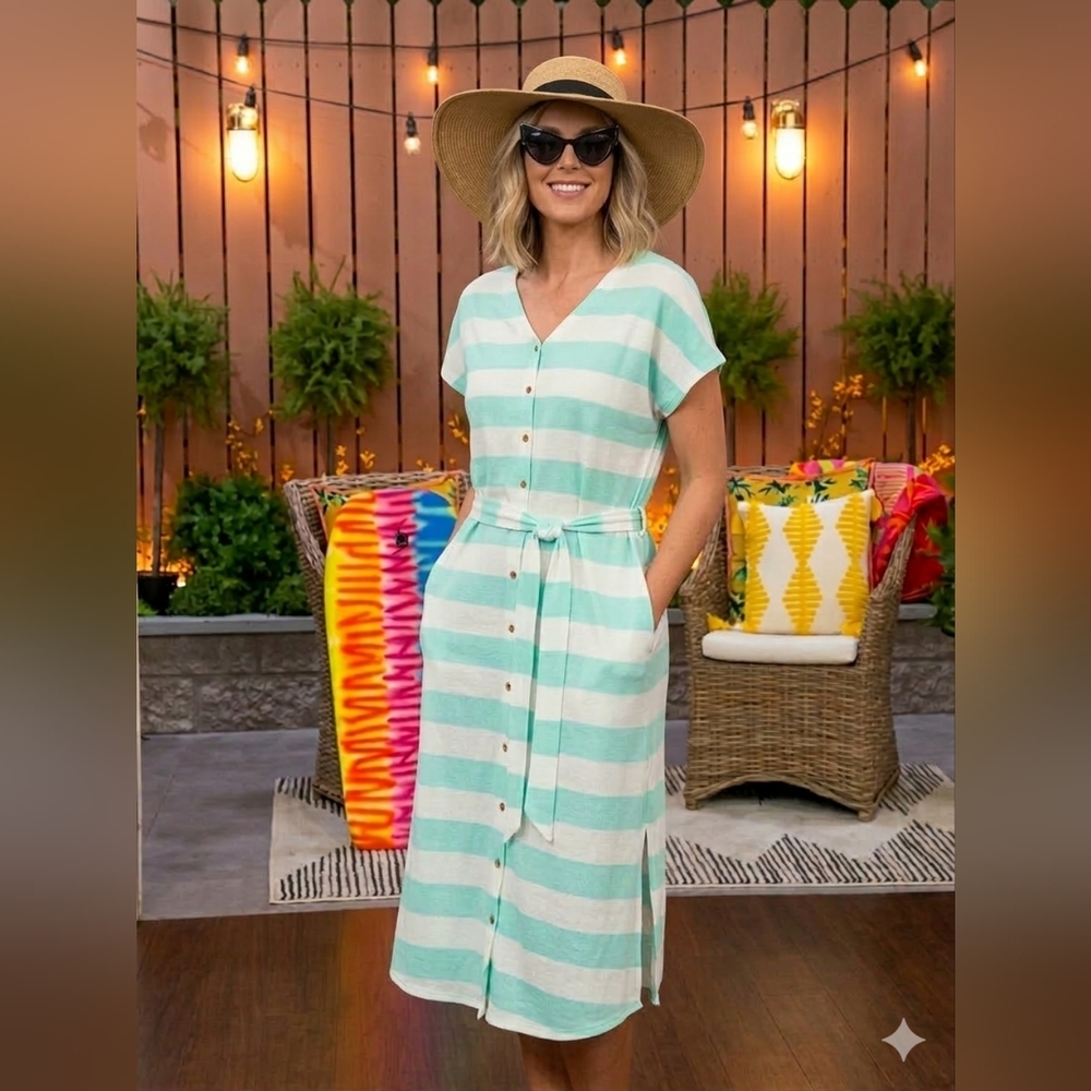 Denim & Co. Mint Striped 3-in-1: Dress, Duster or Beach CoverUp​ Sz LP Oversized